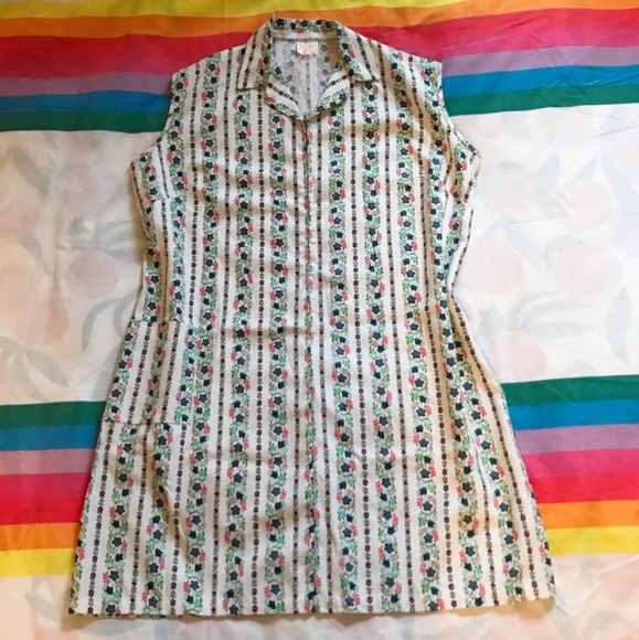 70s Floral Patterned Zipper Dress XL - Picture 1 of 3